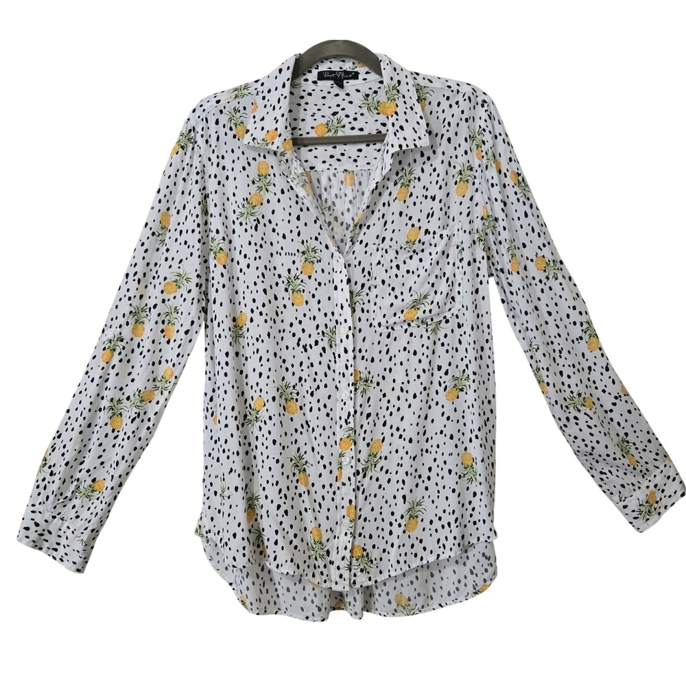 Velvet Heart LG Artsy Playful Pineapple Polka Dot Button Down Shirt White Rayon